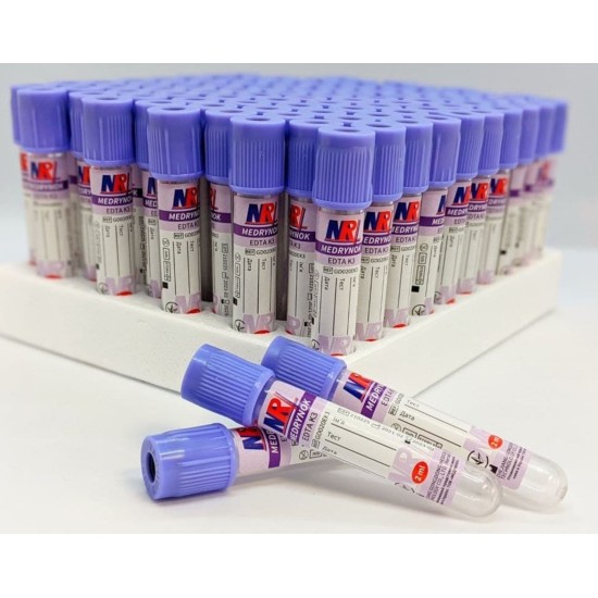 Пробірка вакуумна для забору крові, 2 мл, EDTA K3, 13х75 мм, стерильна, з бузковою кришкою, ТМ MEDRYNOK
